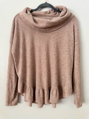 EUC Maeve Anthropologie Pink Beige Ruffled Hacci Knit Pullover Sweater Size S